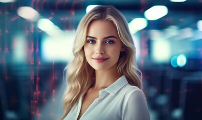 A blond IT technician poses confidently in a server room, taking a brief pause from her maintenance work. Generative AI.