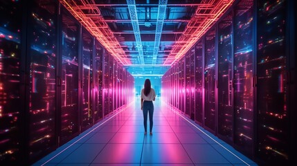 A woman stands in the hallway of a futuristic data center, overseeing the advanced technology that powers our digital world. Generative AI.