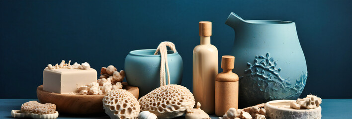 a variety of items such as products are shown in front of a blue background