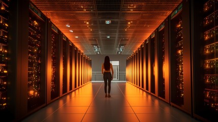 A woman stands in the hallway of a futuristic data center, overseeing the advanced technology that powers our digital world. Generative AI.