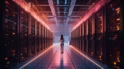 A woman stands in the hallway of a futuristic data center, overseeing the advanced technology that powers our digital world. Generative AI.