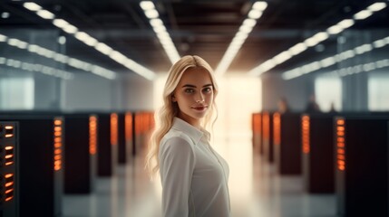 A woman stands in the hallway of a futuristic data center, overseeing the advanced technology that powers our digital world. Generative AI.