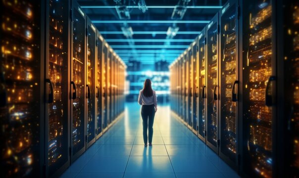 A Woman Stands In The Hallway Of A Futuristic Data Center, Overseeing The Advanced Technology That Powers Our Digital World. Generative AI.