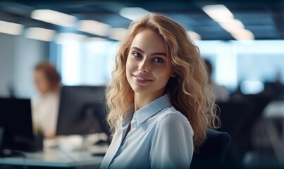 A blond businesswoman in casual attire works diligently at her office desk, focused on her tasks. Generative AI.