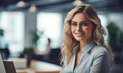 A blond businesswoman in casual attire works diligently at her office desk, focused on her tasks. Generative AI.
