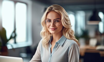 A blond businesswoman in casual attire works diligently at her office desk, focused on her tasks. Generative AI.