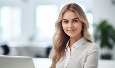 A blond businesswoman in casual attire works diligently at her office desk, focused on her tasks. Generative AI.