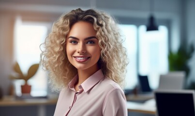A blond businesswoman in casual attire works diligently at her office desk, focused on her tasks. Generative AI.