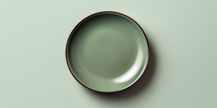 pefect empty plate on flat sage green background, Generative AI