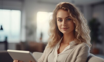 A blond woman relaxes on a cozy sofa at home, engrossed in reading content on her tablet. Generative AI.