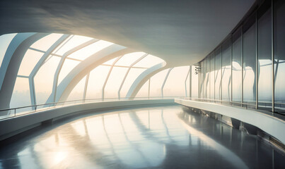 top of a modern white building with a walkway and windows