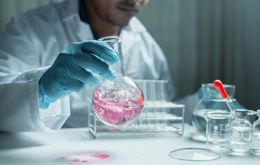 Scientist holding flask with lab glassware and chemistry laboratory test tubes Research and...