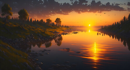 Fototapeta na wymiar sunset over the river, Generative AI 