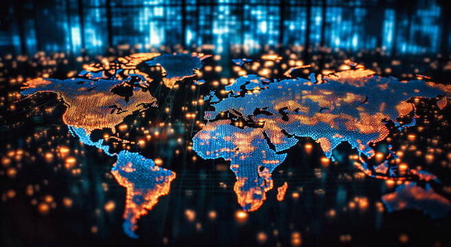 the world map on a display of lights