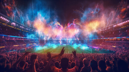Fototapeta na wymiar Fireworks display in a football stadium, full capacity soccer stadium with fireworks