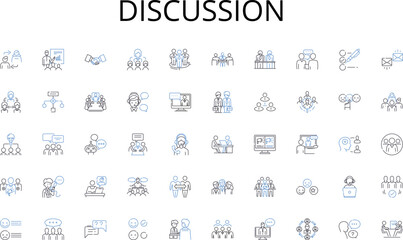 Discussion line icons collection. Automation, Robotics, Neural, Intelligence, Algorithm, Virtual, Machine vector and linear illustration. Cognitive,Learning,Optimization outline signs set