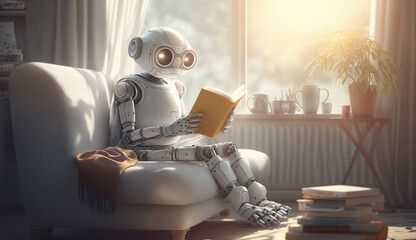 AI robot reading book, AI robot learning 