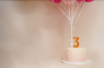 Three years old birthday cake backgrounds, greeting cards or invitation cards for three years'...