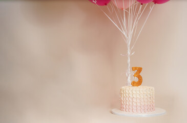 Three years old birthday cake backgrounds, greeting cards or invitation cards for three years' anniversaries or birthdays. Virtual birthday banner. Birthday cake with candle                           