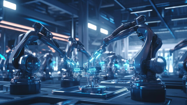 Industrial Robot Arms Manufacturing In A Factory, Robot Production Line