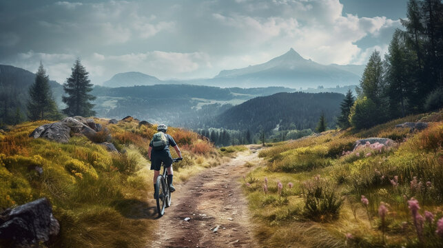 cyclist riding a bike across a country path in the mountains