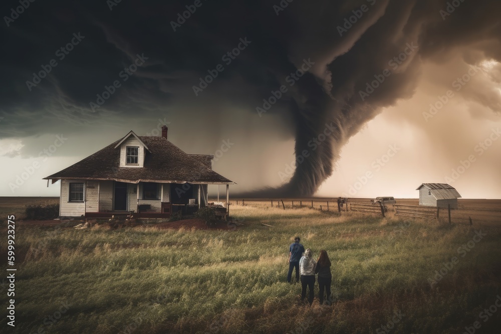 Wall mural a large tornado hazard, a strong and dark storm that produces tornadoes across fields and roads. dra