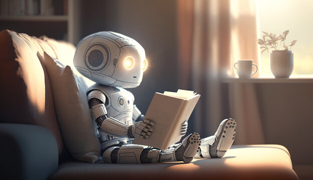 AI baby robot reading book on sofa in living room, AI robot learning 
