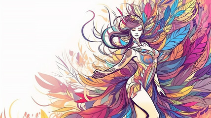 Carnival samba, Beautiful young female in special feather costume is dancing at studio, generative AI tools 
