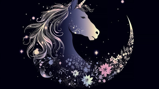 Silhouette of unicorn with crescent moon and stars, print or tattoo art, illustration, generative AI tools 