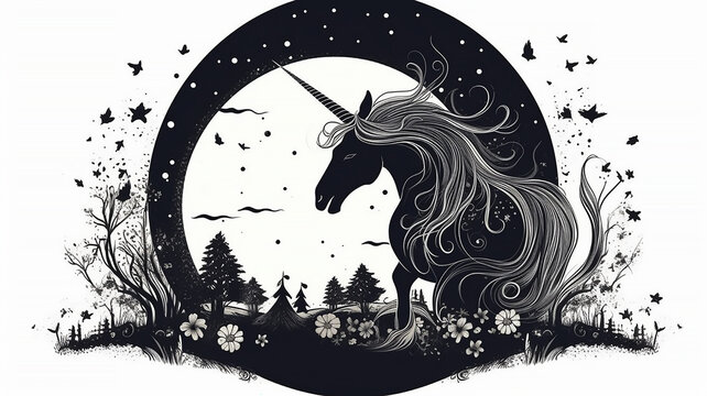 Silhouette of unicorn with crescent moon and stars, print or tattoo art, illustration, generative AI tools 