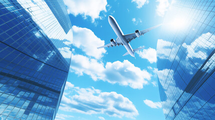 Fototapeta na wymiar modern office buildings, tall office building with airplane in the sky