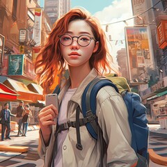 Illustration of a backpacking girl and abstract art, AI Generated