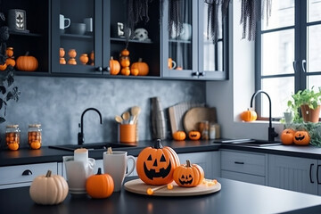 Modern kitchen interior design in yellow and black colors, decorated for Halloween, Generative AI