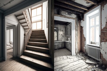 Room in an old house with a wooden staircase