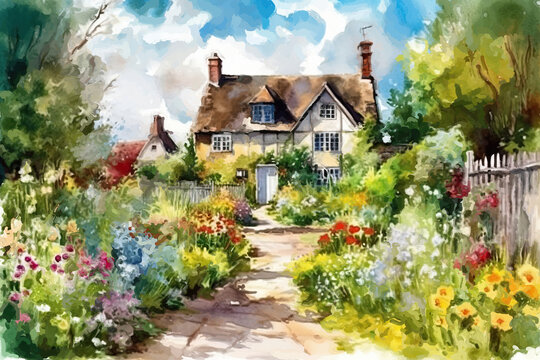 Pretty cottage in a garden with a path in summer. AI generated background illustration in a detailed Watercolor style	