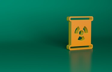 Orange Radioactive waste in barrel icon isolated on green background. Toxic refuse keg. Radioactive garbage emissions, environmental pollution. Minimalism concept. 3D render illustration