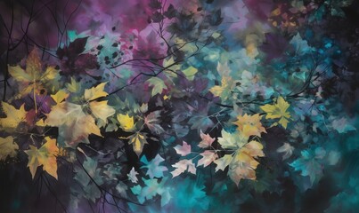  a painting of leaves on a black background with purple, blue, and green colors.  generative ai
