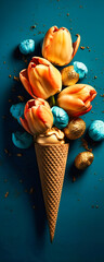 an ice cream cone with tulips and blue stones