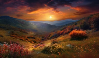 Fototapeta na wymiar a painting of a beautiful sunset over a mountain valley with wildflowers. generative ai