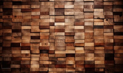  a wall made of wooden blocks with a brown background and a black background.  generative ai