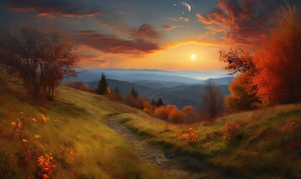  a painting of a sunset in the mountains with a path leading to a forest.  generative ai