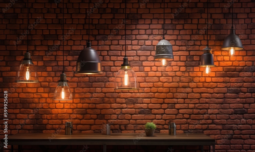Poster a brick wall with a table and several lights on it. generative ai