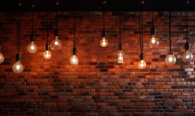  a bunch of light bulbs hanging from a brick wall in a restaurant.  generative ai