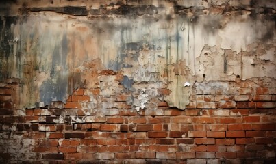  an old brick wall with peeling paint and peeling paint on it.  generative ai