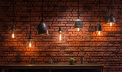  a brick wall with a table and several lights on it.  generative ai