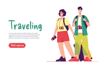 Vector illustration of a couple of tourists travelers with backpacks and suitcase