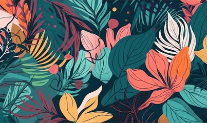 a colorful tropical background with leaves and berries on a dark blue background.  generative ai