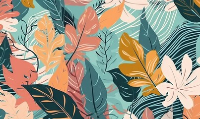  a pattern of leaves and plants on a blue and orange background. generative ai
