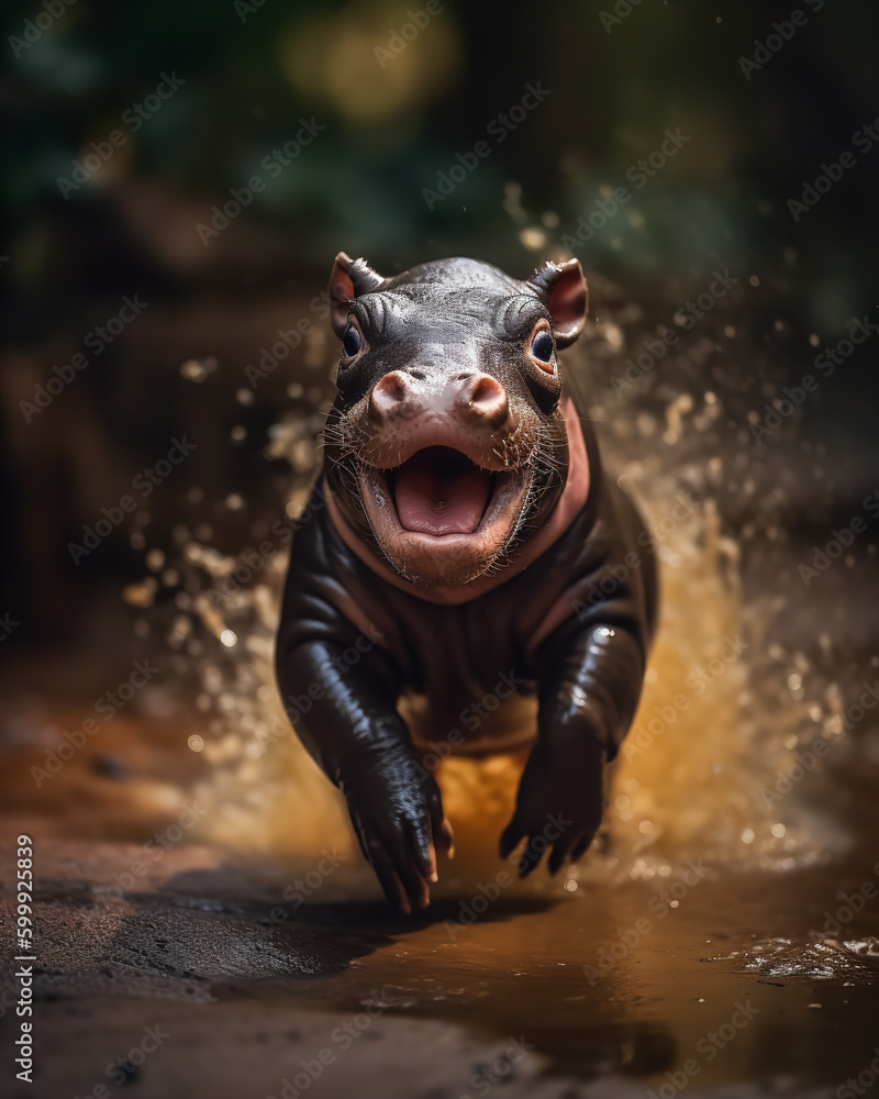 Wall mural baby hippo playful generative ai