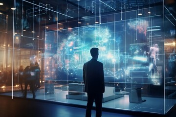 Business people using ai technology, analyzing with digital virtual graphics, transformation change management, new technology, big data,  perspectives of fractal realms, generative ai